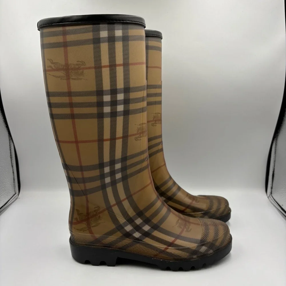 Burberry Rain Boots Women Size 38 Tan Nova Check Tall Haymarket Plaid